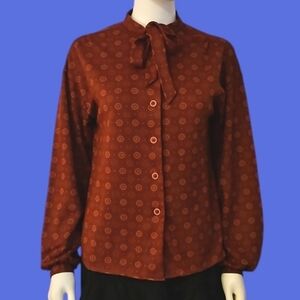 VTG JCPENNEY 1960s-1970s Rust Floral Bullseye Bow Tie Button Down Colonial Shirt
